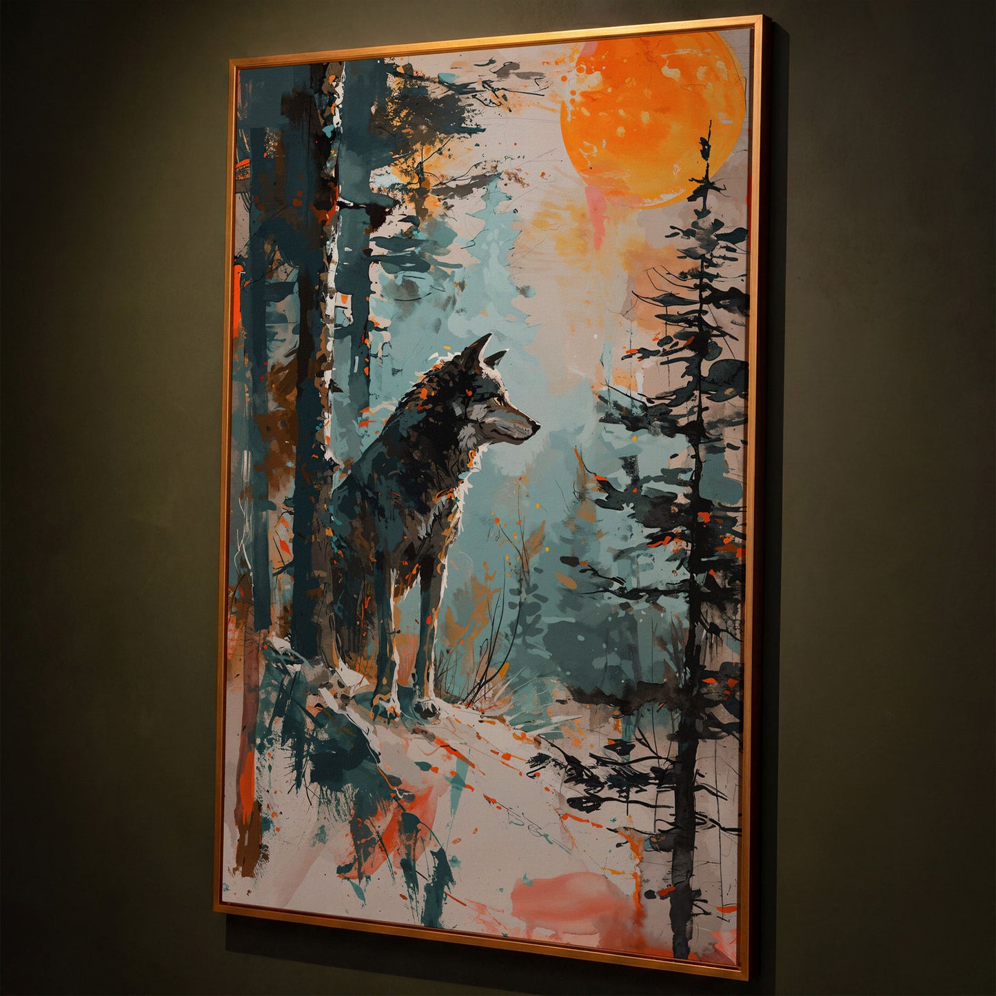 Wolf Silhouette at Sunset Canvas shown in antique gold floating frame