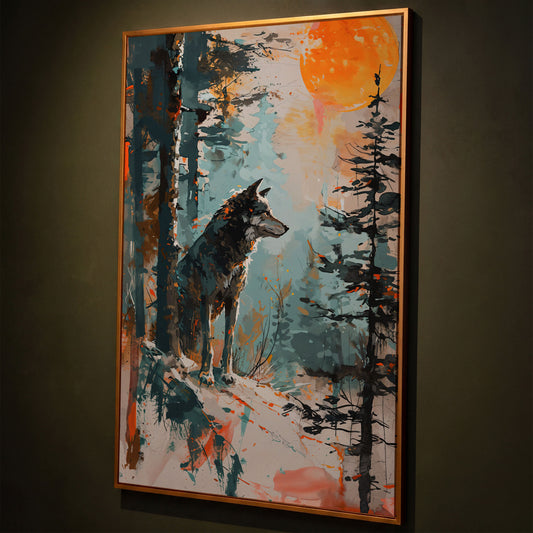 Wolf Silhouette at Sunset Canvas shown in antique gold floating frame