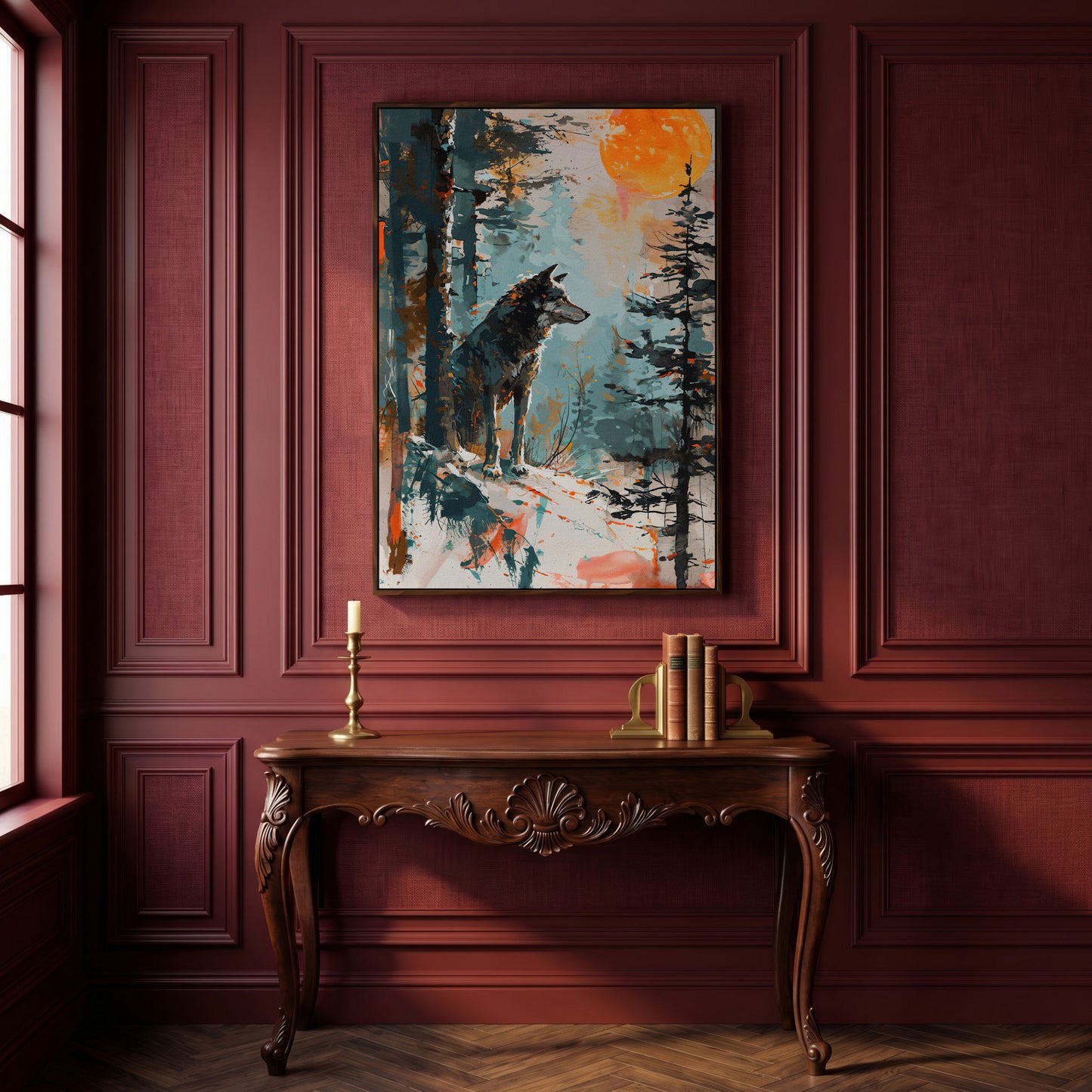 Wolf Silhouette at Sunset Canvas in dark walnut floating frame