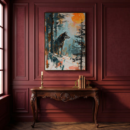 Wolf Silhouette at Sunset Canvas in dark walnut floating frame