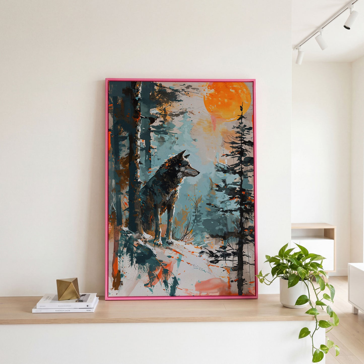Wolf Silhouette at Sunset Canvas in pink floating frame