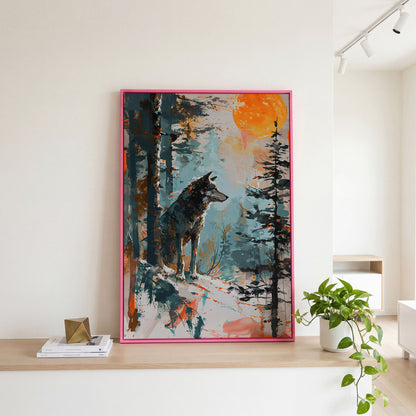 Wolf Silhouette at Sunset Canvas in pink floating frame