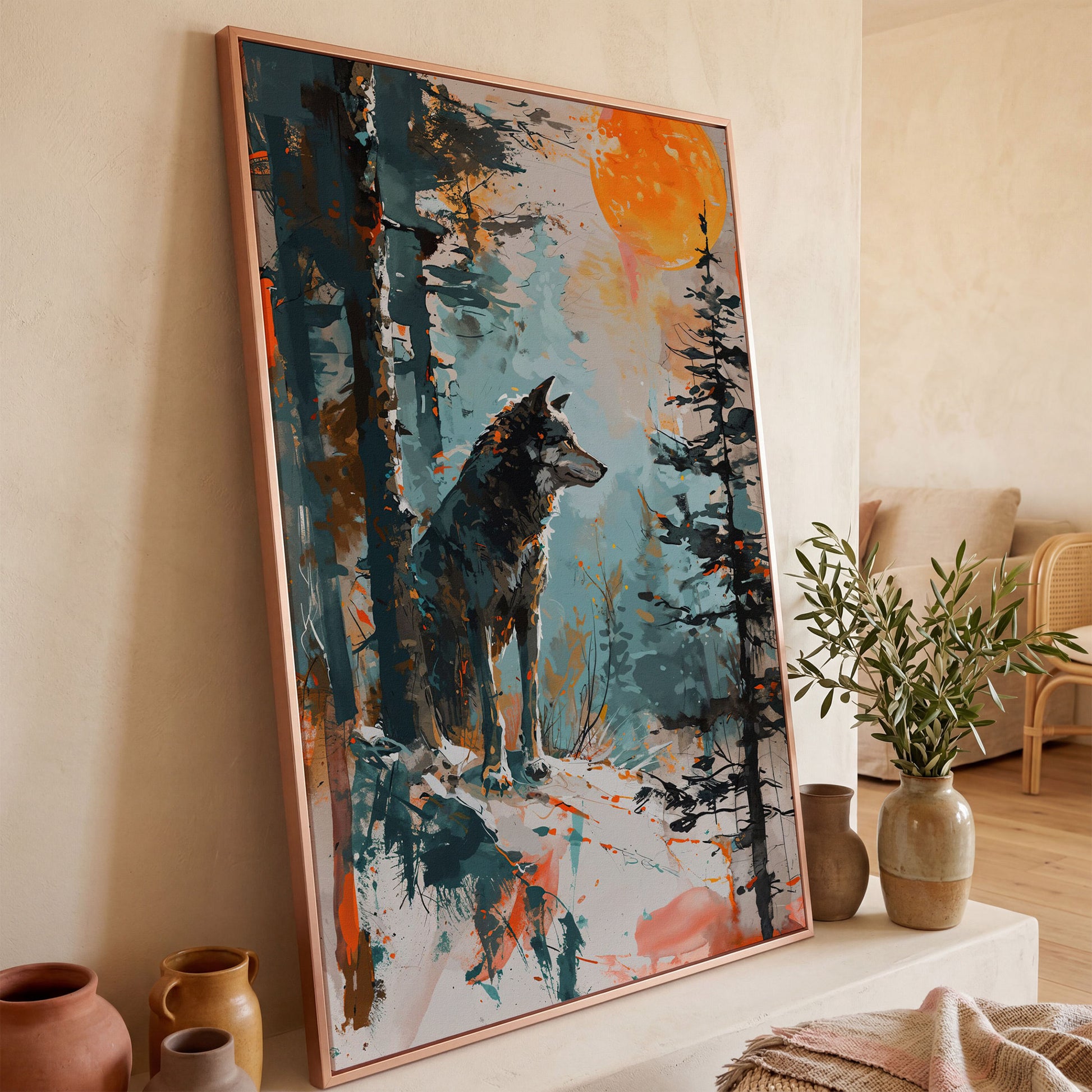 Wolf Silhouette at Sunset Canvas in rose gold floating frame