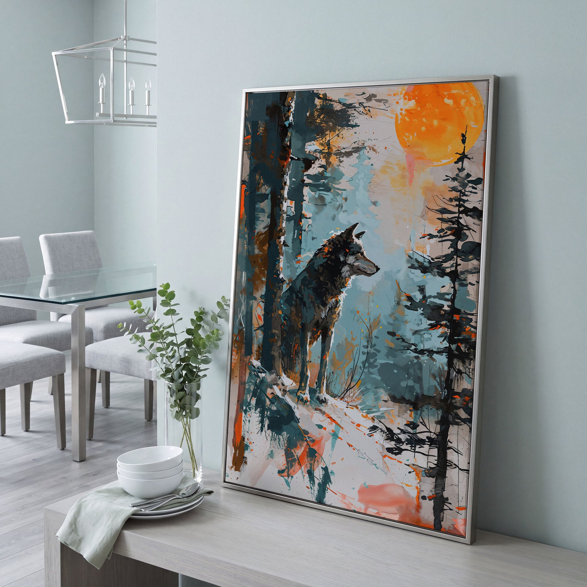 Wolf Silhouette at Sunset Canvas in silver floating frame