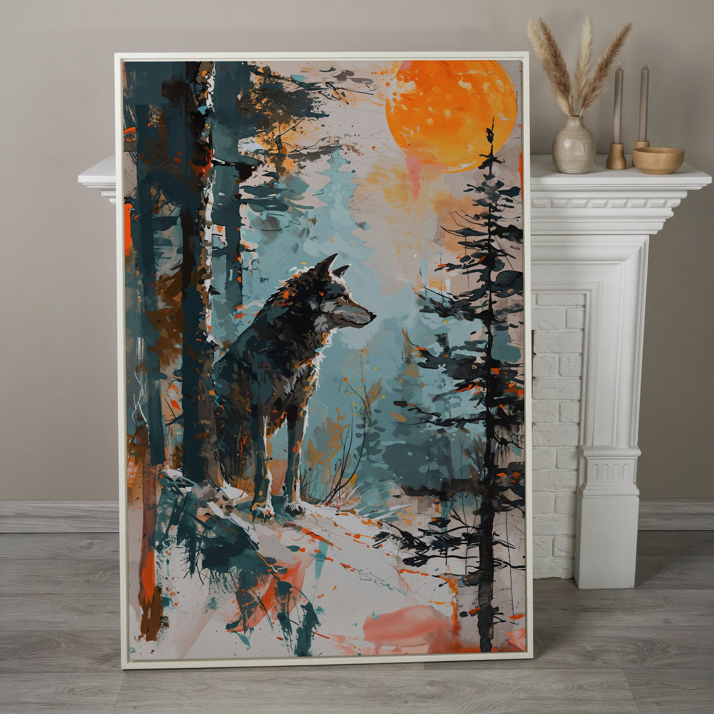 Wolf Silhouette at Sunset Canvas in white floating frame