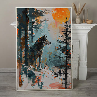 Wolf Silhouette at Sunset Canvas in white floating frame