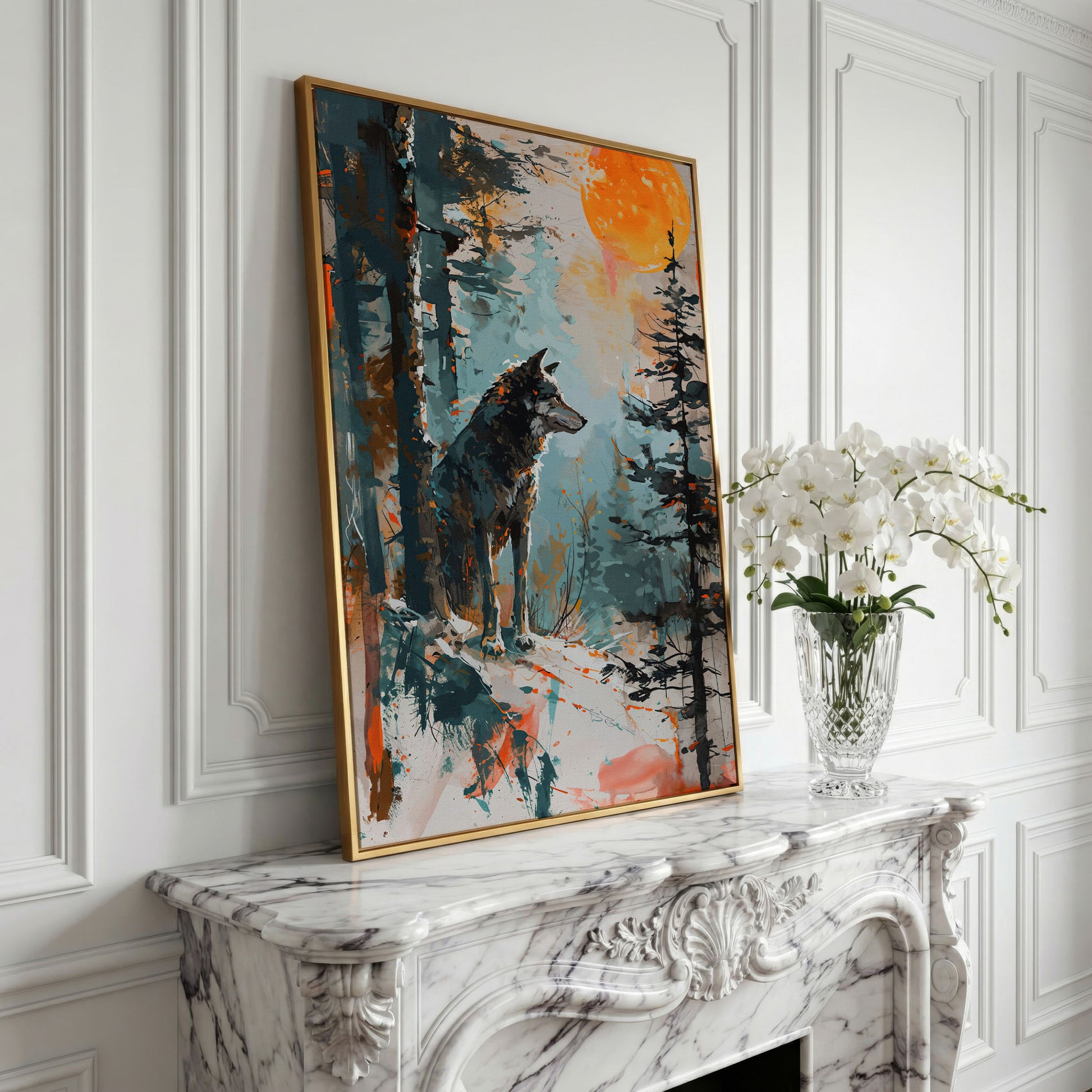 Wolf Silhouette at Sunset Canvas in yellow gold floating frame