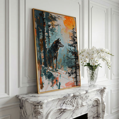 Wolf Silhouette at Sunset Canvas in yellow gold floating frame