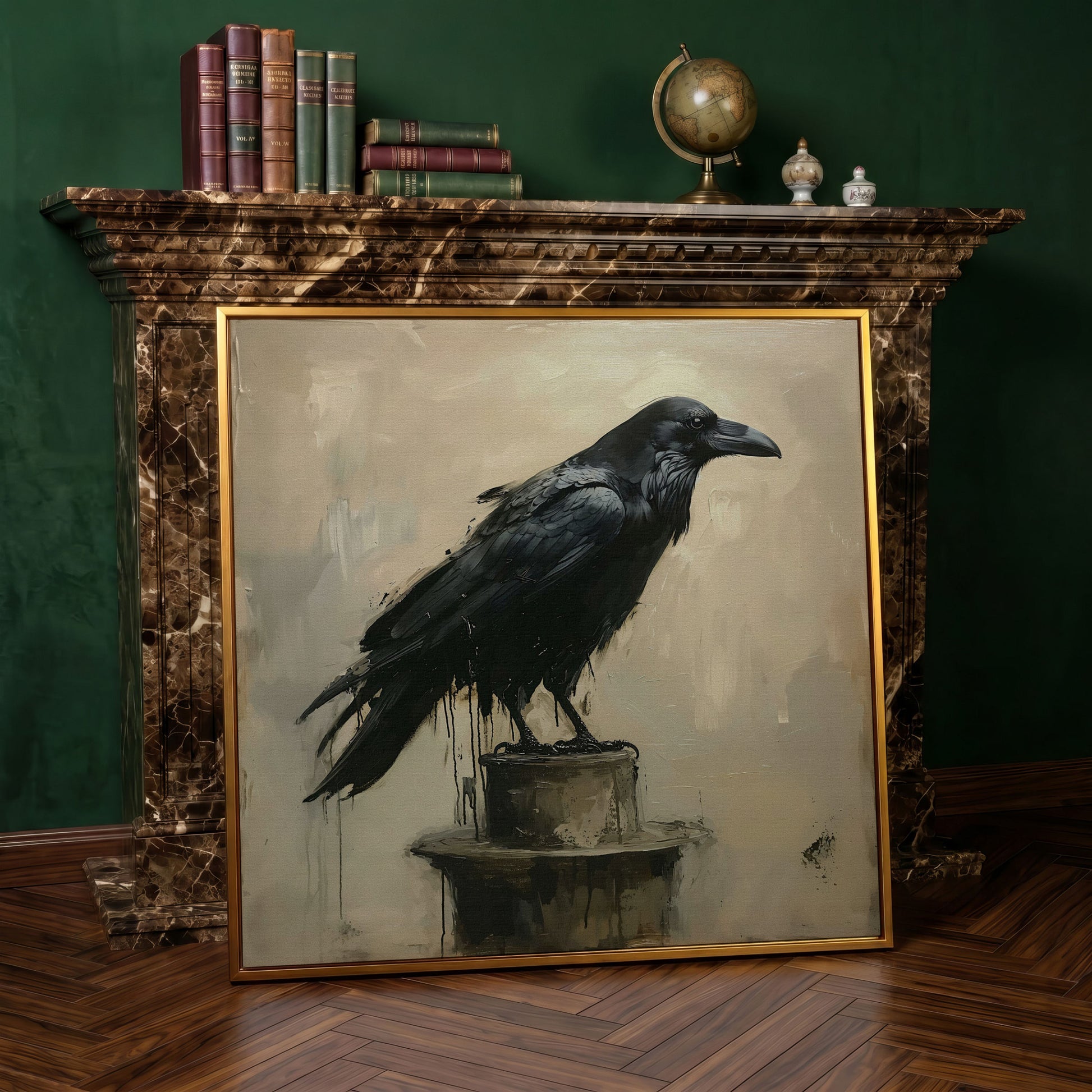 Enchanted Raven Black Bird Canvas in antique gold floating frame