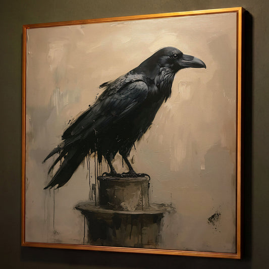 Enchanted Raven Black Bird Canvas shown in antique gold floating frame