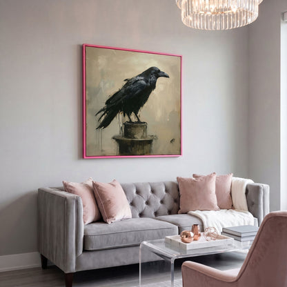 Enchanted Raven Black Bird Canvas in pink floating frame