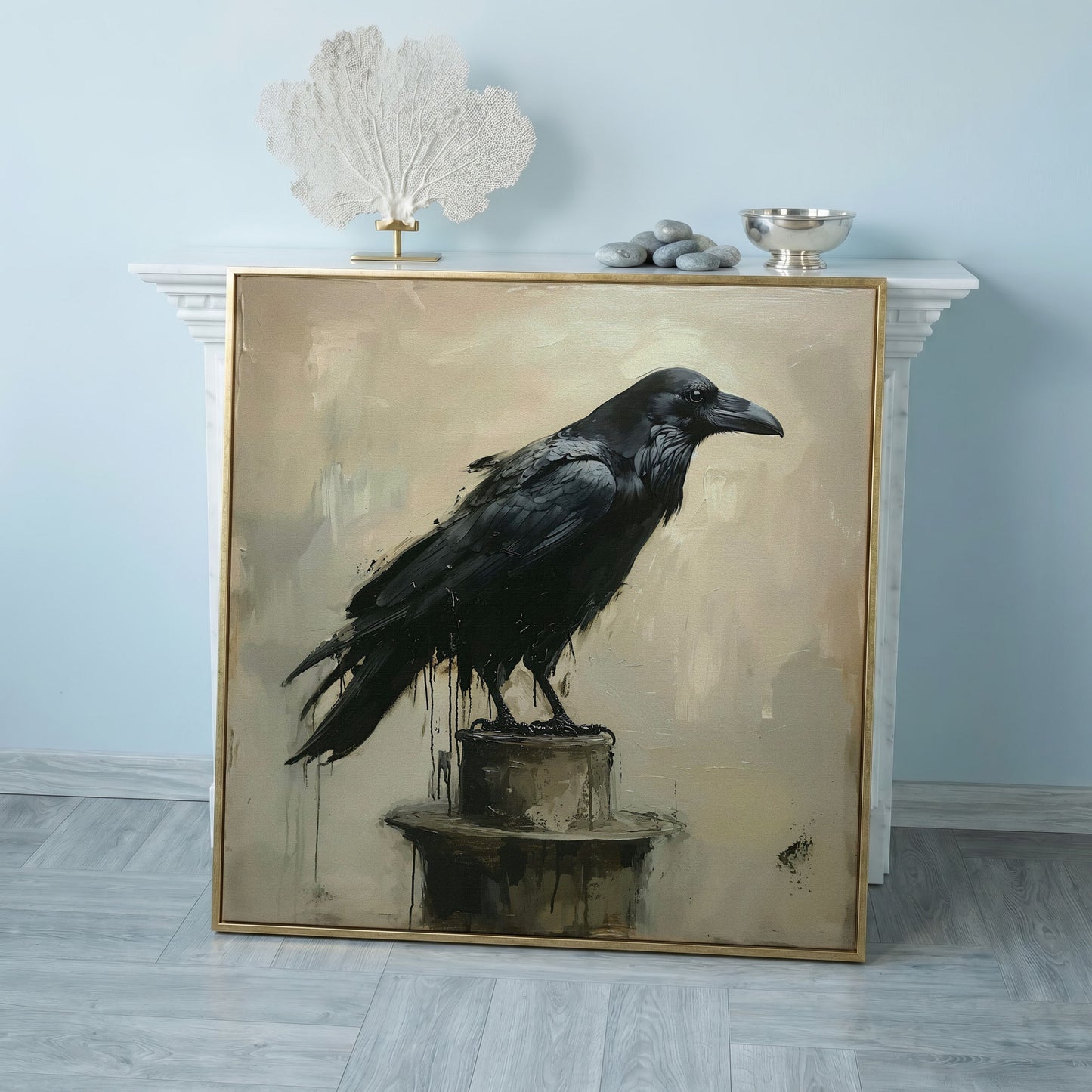 Enchanted Raven Black Bird Canvas in rose gold floating frame