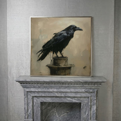 Enchanted Raven Black Bird Canvas in silver floating frame