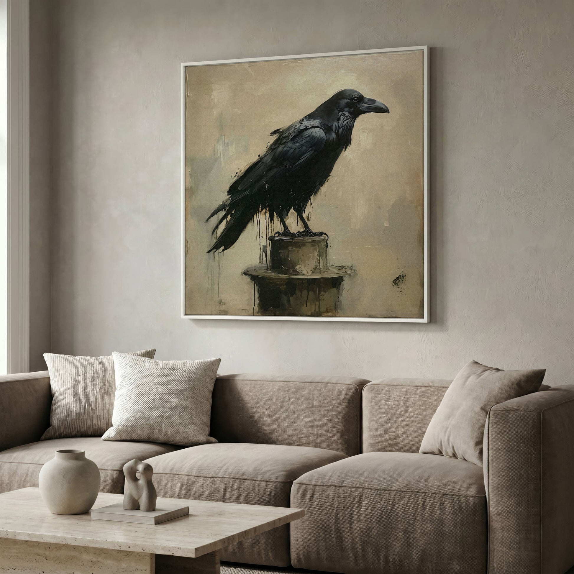 Enchanted Raven Black Bird Canvas in white floating frame
