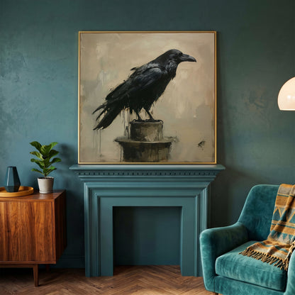 Enchanted Raven Black Bird Canvas in yellow gold floating frame