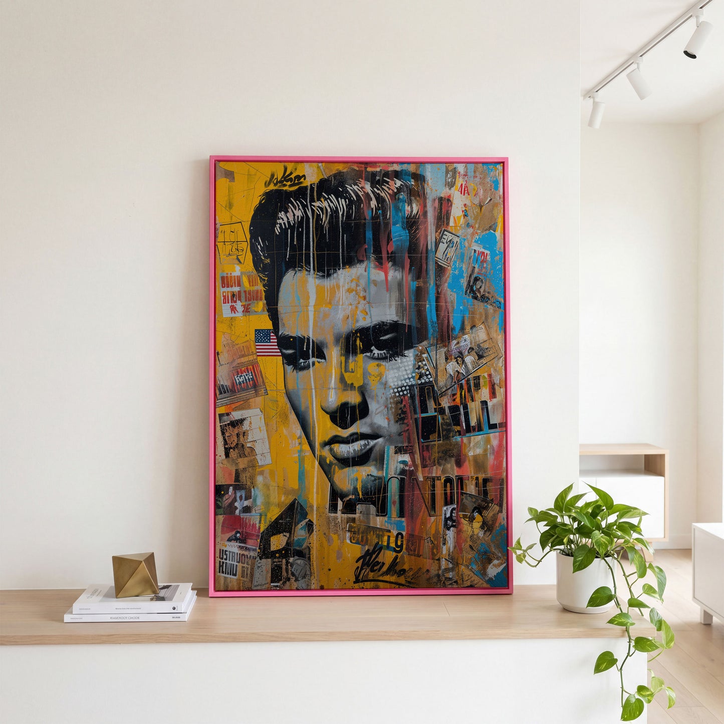 Elvis Presley Abstract Portrait Canvas in pink floating frame