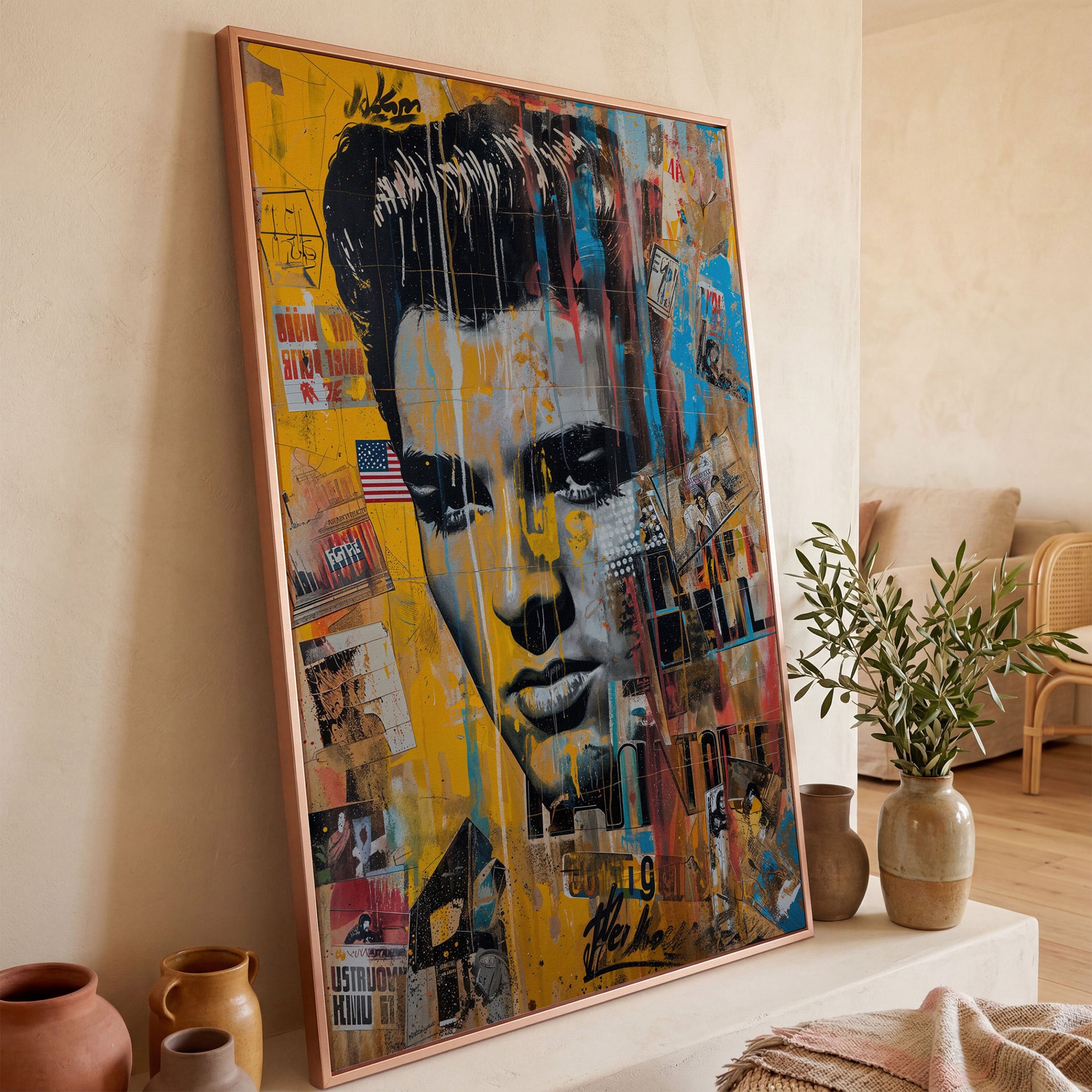 Elvis Presley Abstract Portrait Canvas in rose gold floating frame