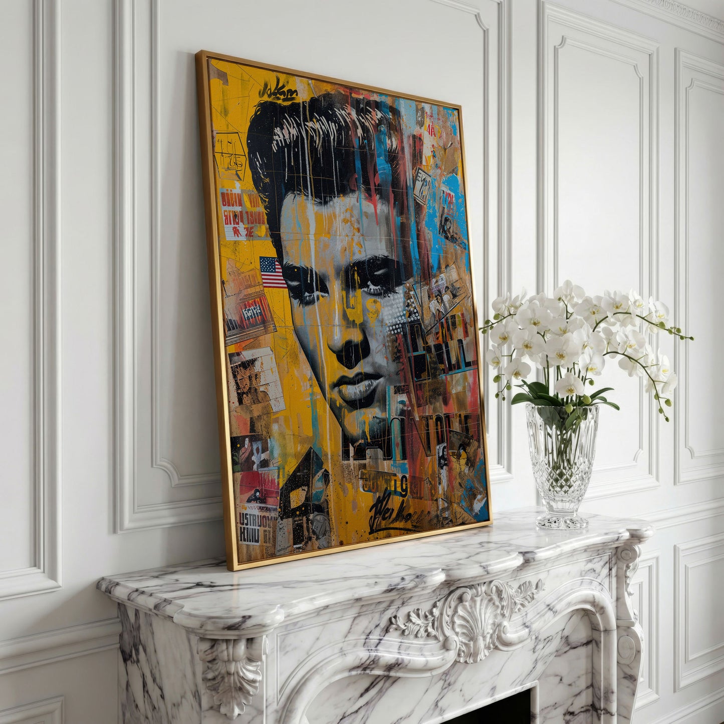 Elvis Presley Abstract Portrait Canvas in yellow gold floating frame