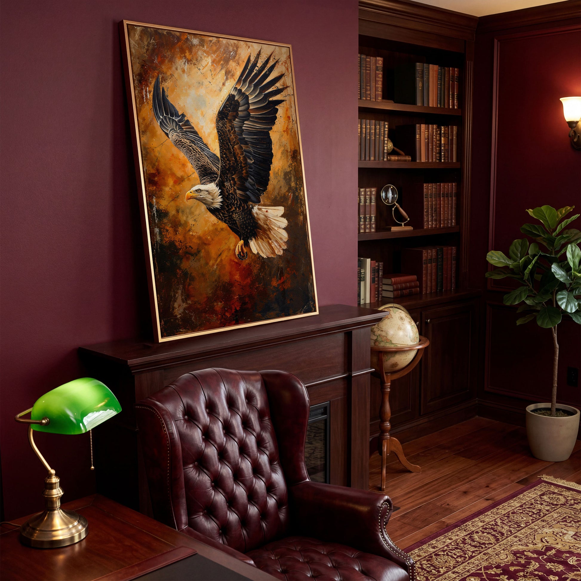 Flying Eagle Canvas Print with Spread Wings in antique gold floating frame