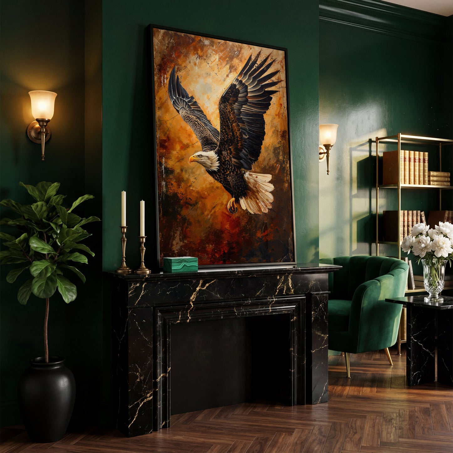 Flying Eagle Canvas Print with Spread Wings in black floating frame