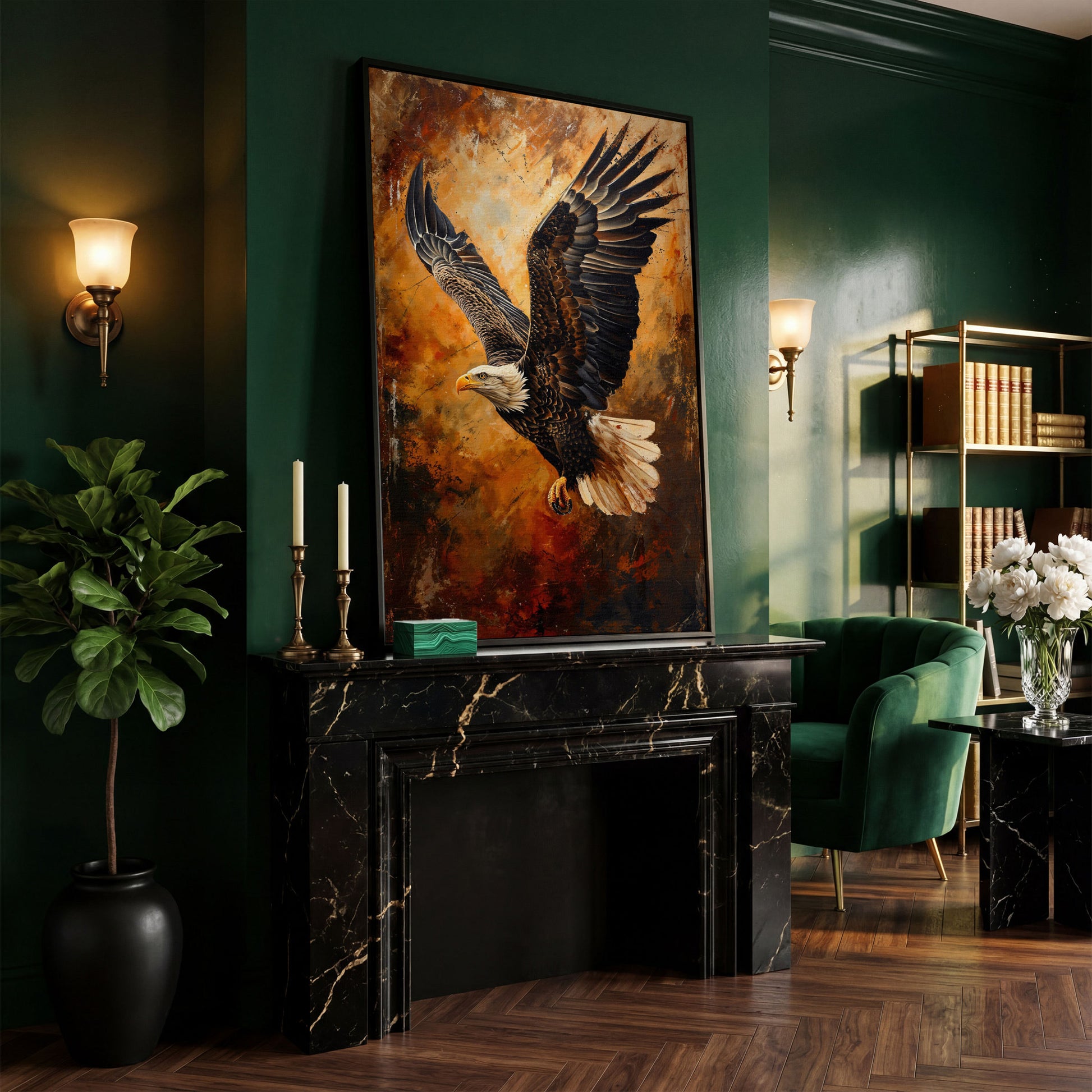Flying Eagle Canvas Print with Spread Wings in black floating frame