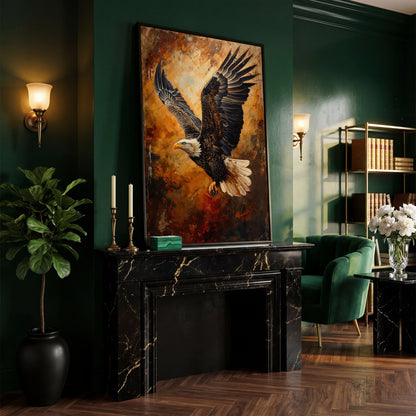 Flying Eagle Canvas Print with Spread Wings in black floating frame