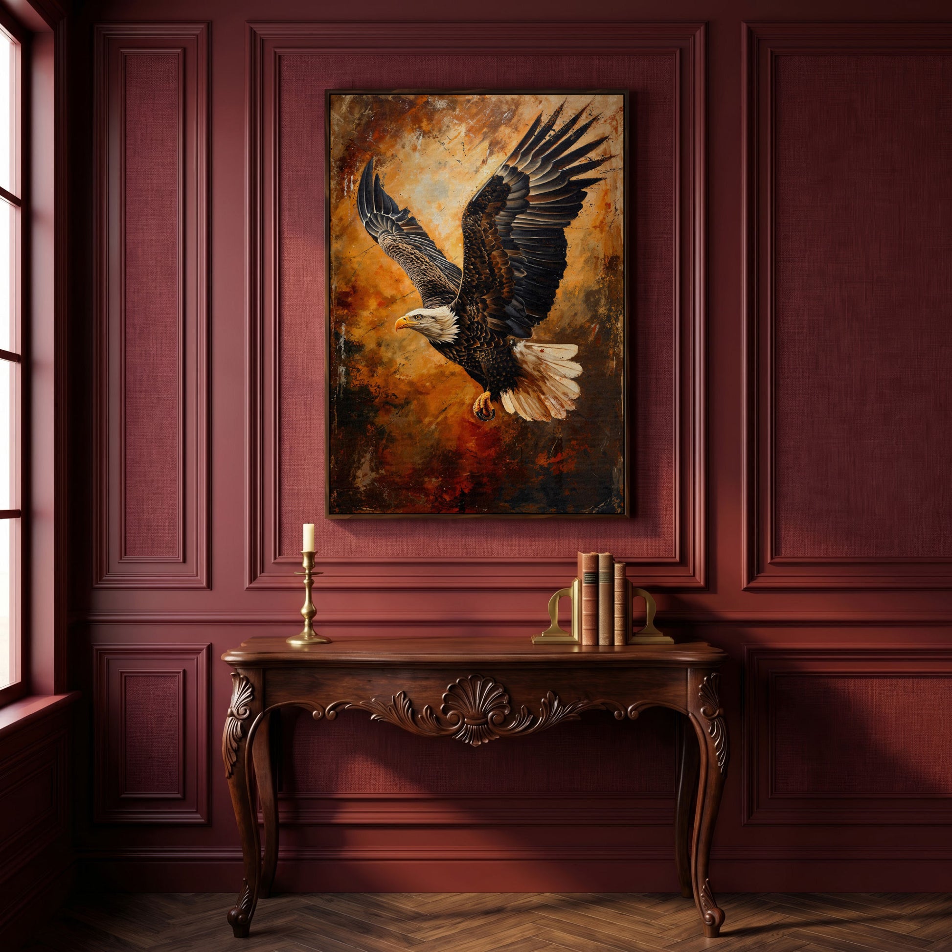 Flying Eagle Canvas Print with Spread Wings in dark walnut floating frame