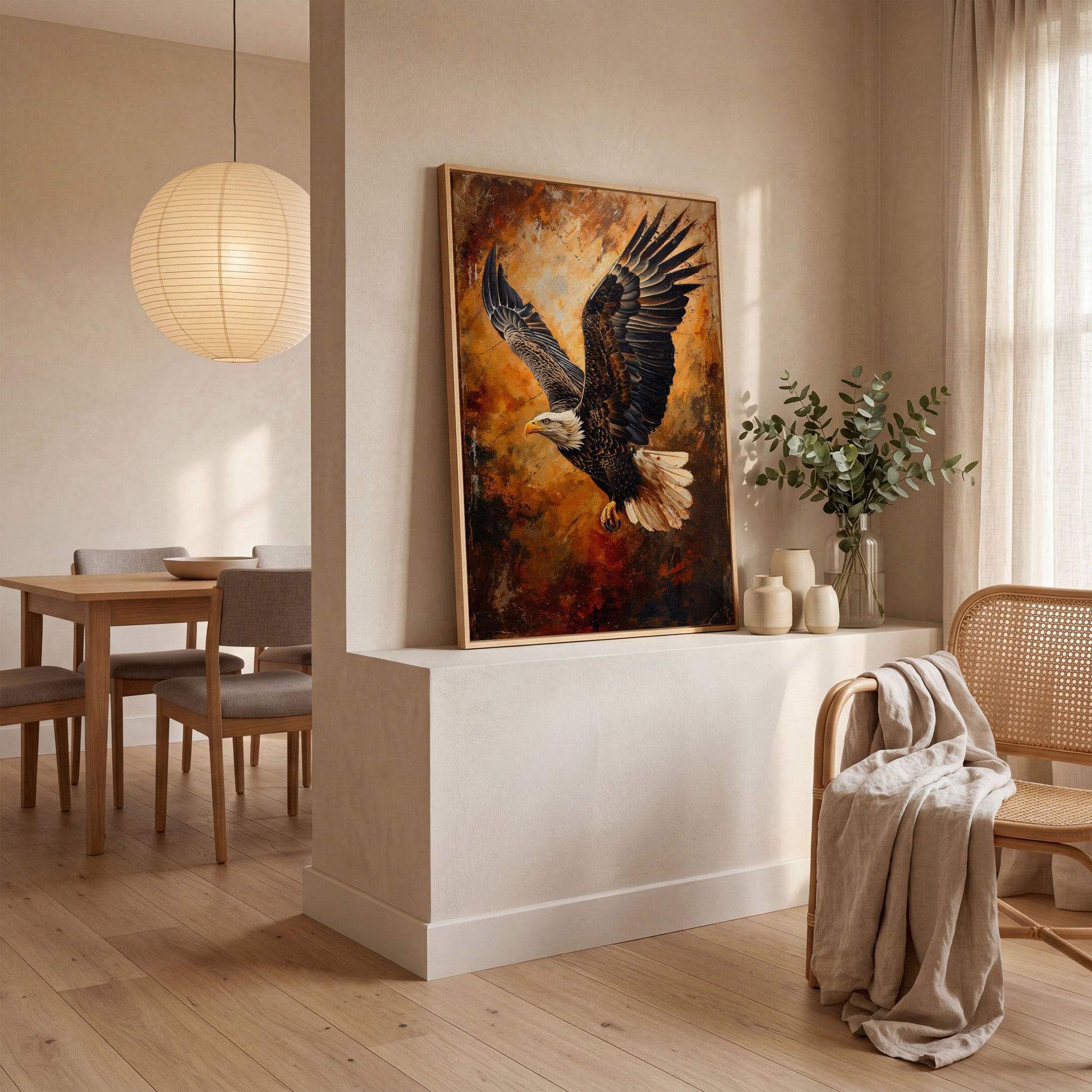 Flying Eagle Canvas Print with Spread Wings in white oak floating frame