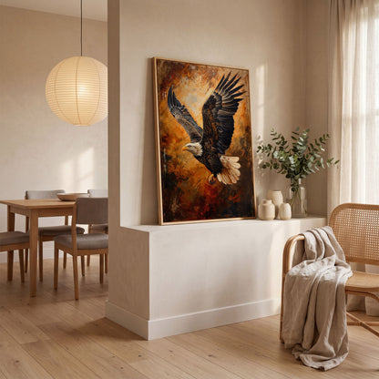 Flying Eagle Canvas Print with Spread Wings in white oak floating frame