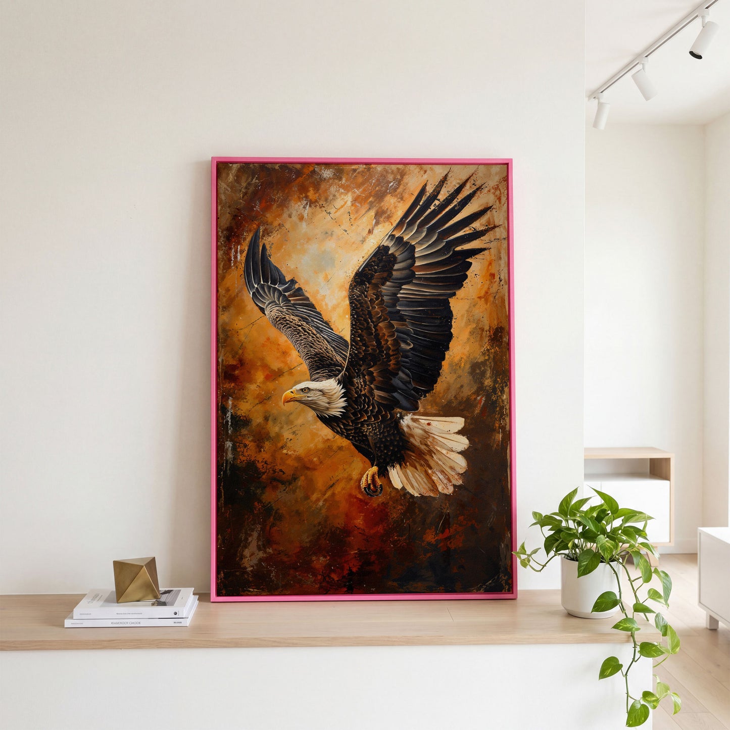 Flying Eagle Canvas Print with Spread Wings in pink floating frame