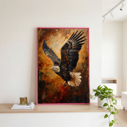 Flying Eagle Canvas Print with Spread Wings in pink floating frame