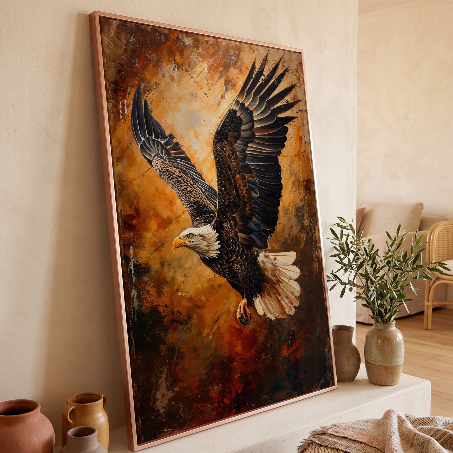 Flying Eagle Canvas Print with Spread Wings in rose gold floating frame
