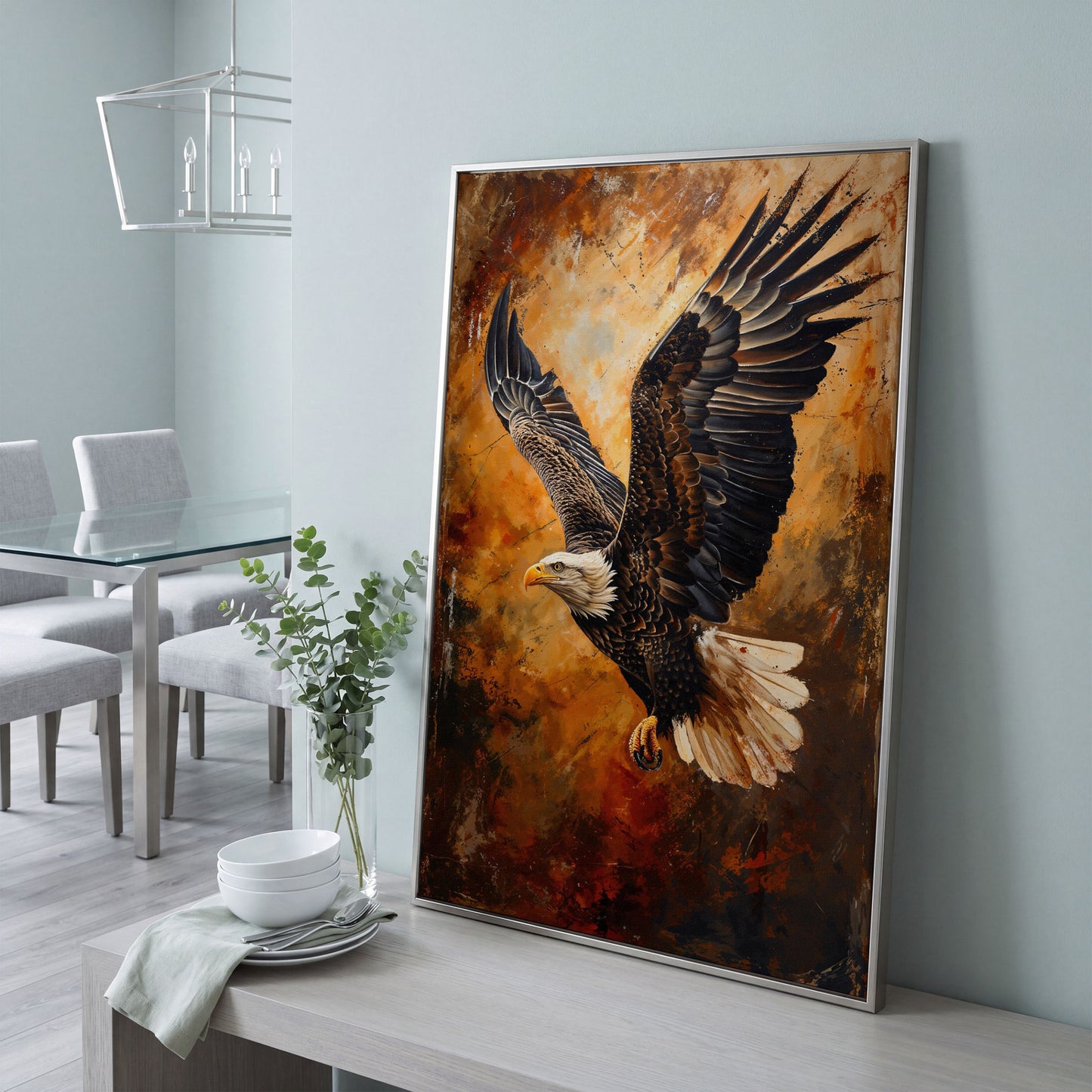Flying Eagle Canvas Print with Spread Wings in silver floating frame