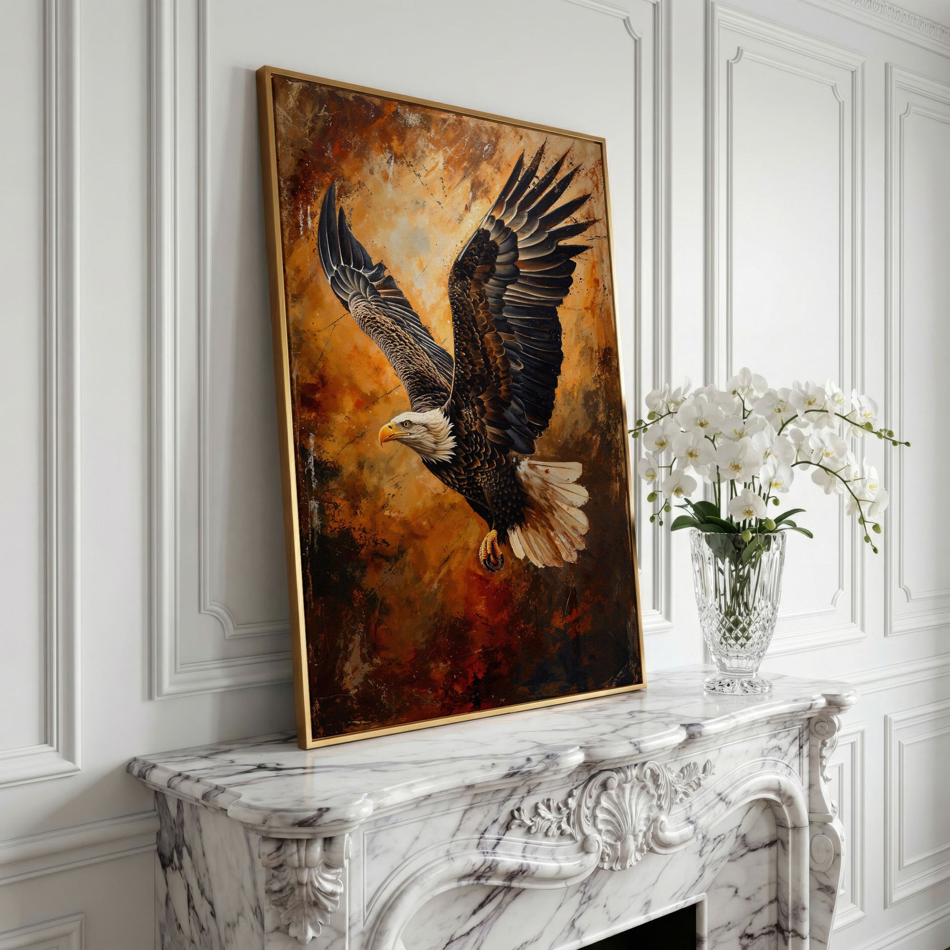 Flying Eagle Canvas Print with Spread Wings in yellow gold floating frame
