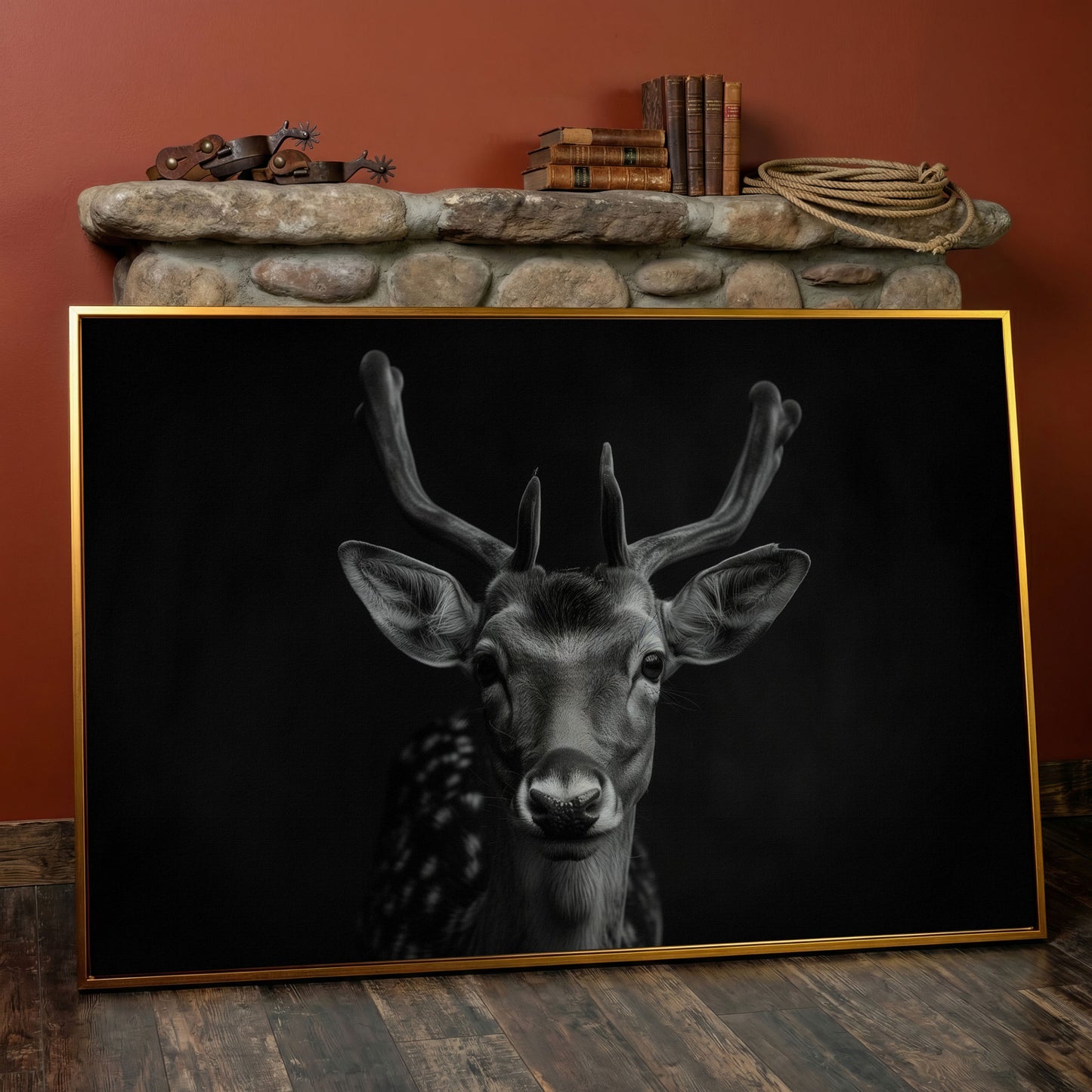 Fawn Portrait Black and White Canvas Print in antique gold floating frame