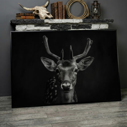 Fawn Portrait Black and White Canvas Print in black floating frame