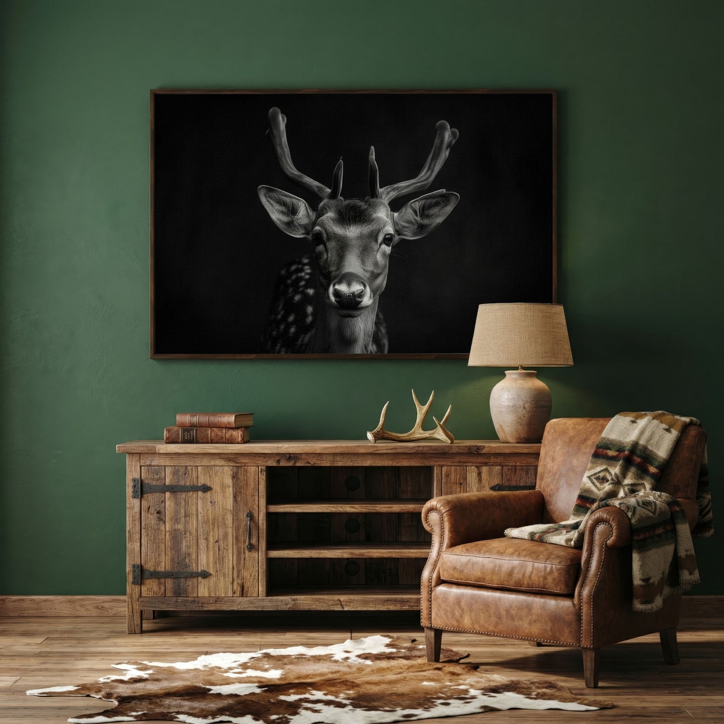 Fawn Portrait Black and White Canvas Print in dark walnut floating frame