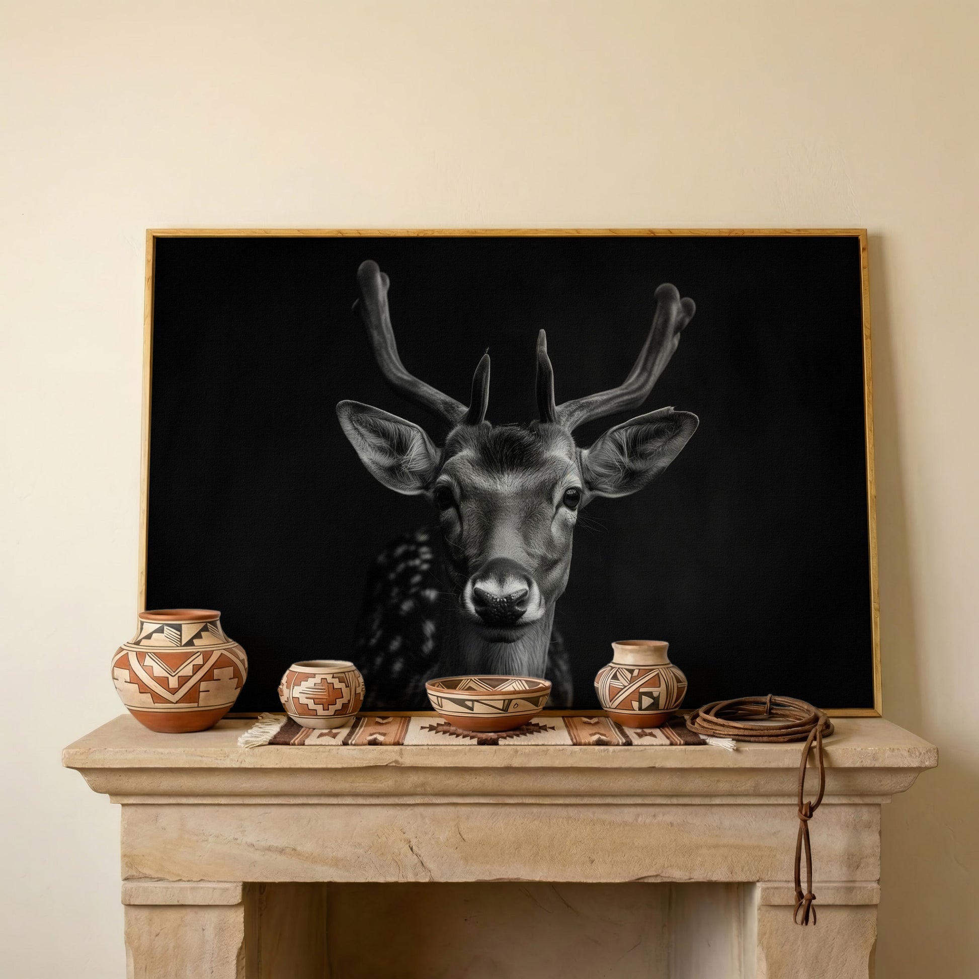 Fawn Portrait Black and White Canvas Print in white oak floating frame