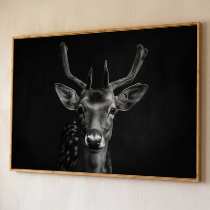 Fawn Portrait Black and White Canvas Print shown in white oak floating frame