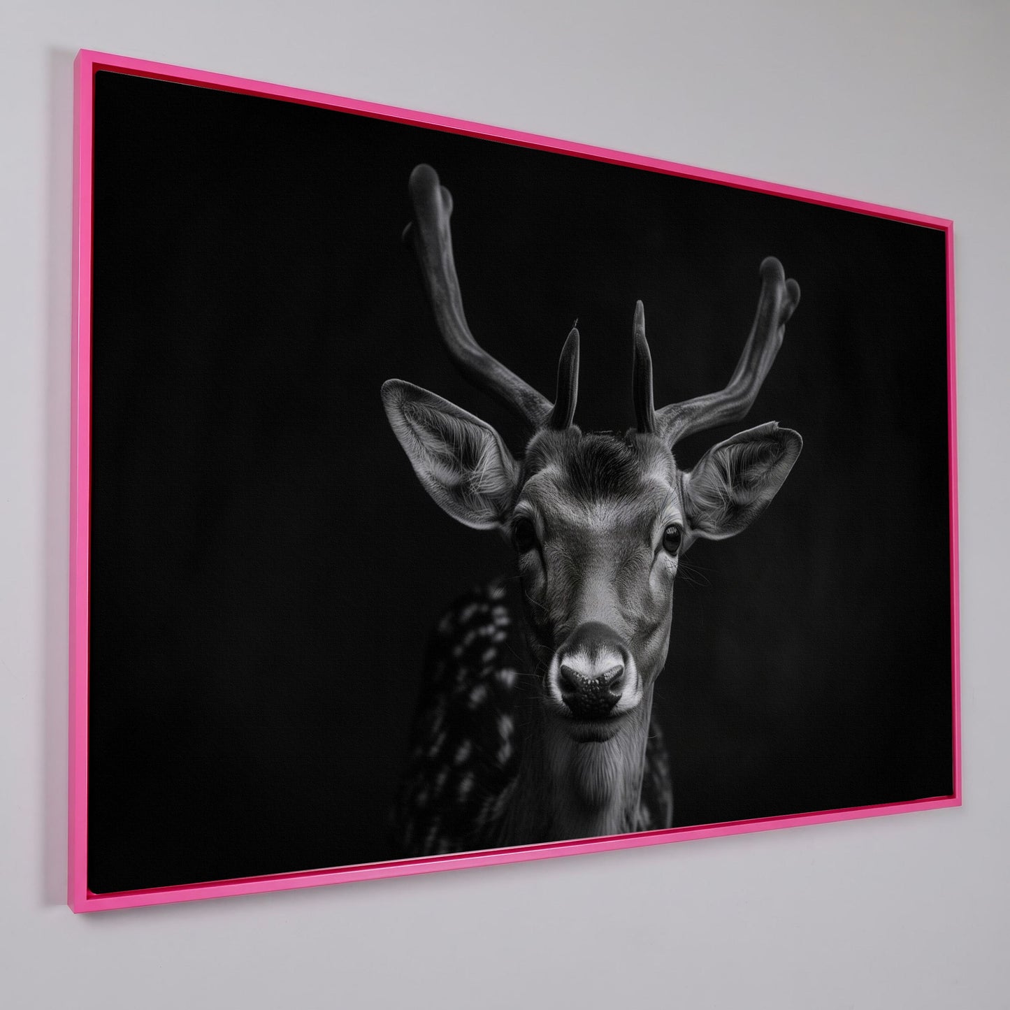 Fawn Portrait Black and White Canvas Print in pink floating frame