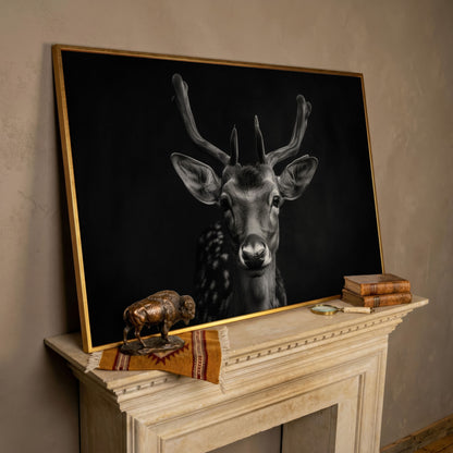 Fawn Portrait Black and White Canvas Print in rose gold floating frame