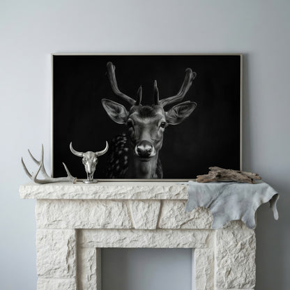Fawn Portrait Black and White Canvas Print in silver floating frame