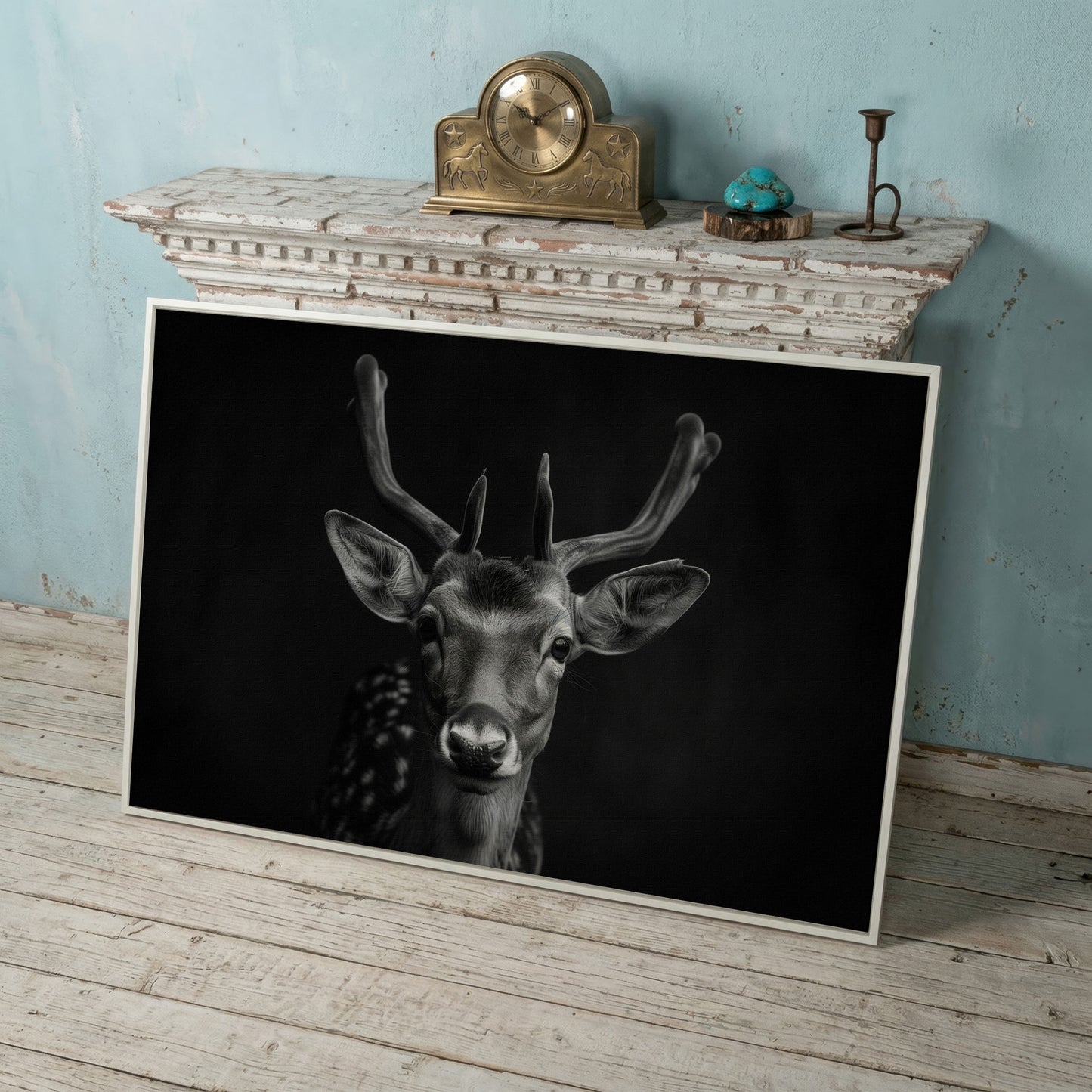 Fawn Portrait Black and White Canvas Print in white floating frame