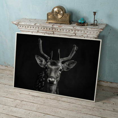 Fawn Portrait Black and White Canvas Print in white floating frame
