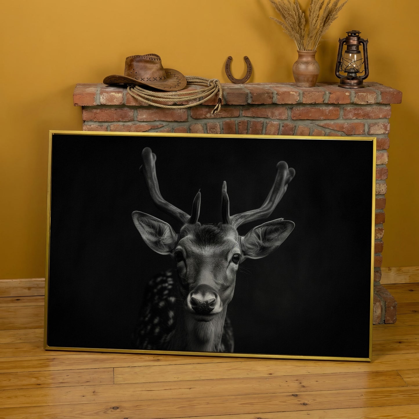Fawn Portrait Black and White Canvas Print in yellow gold floating frame