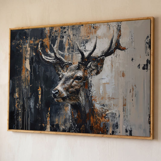Abstract Stag Canvas Print in Black and Beige shown in white oak floating frame