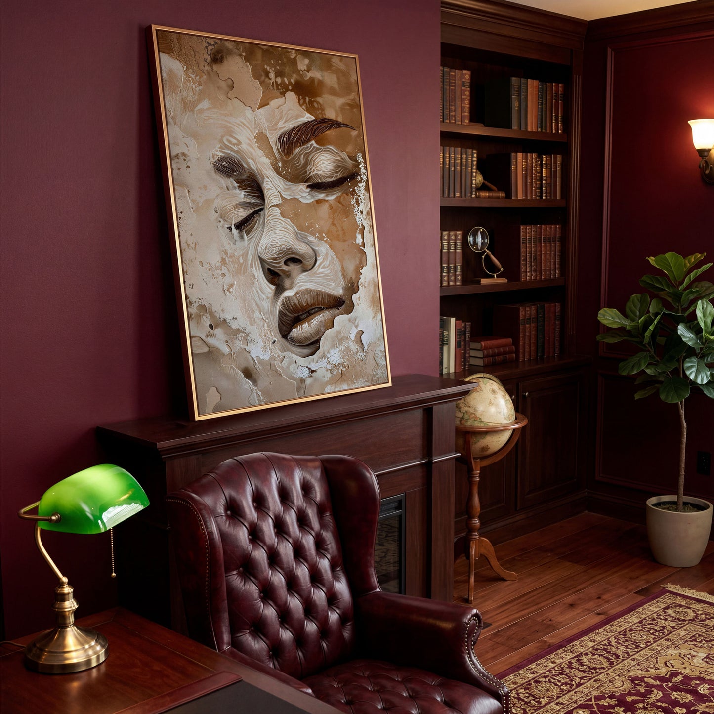 Abstract Beige Fashion Face Canvas Print in antique gold floating frame