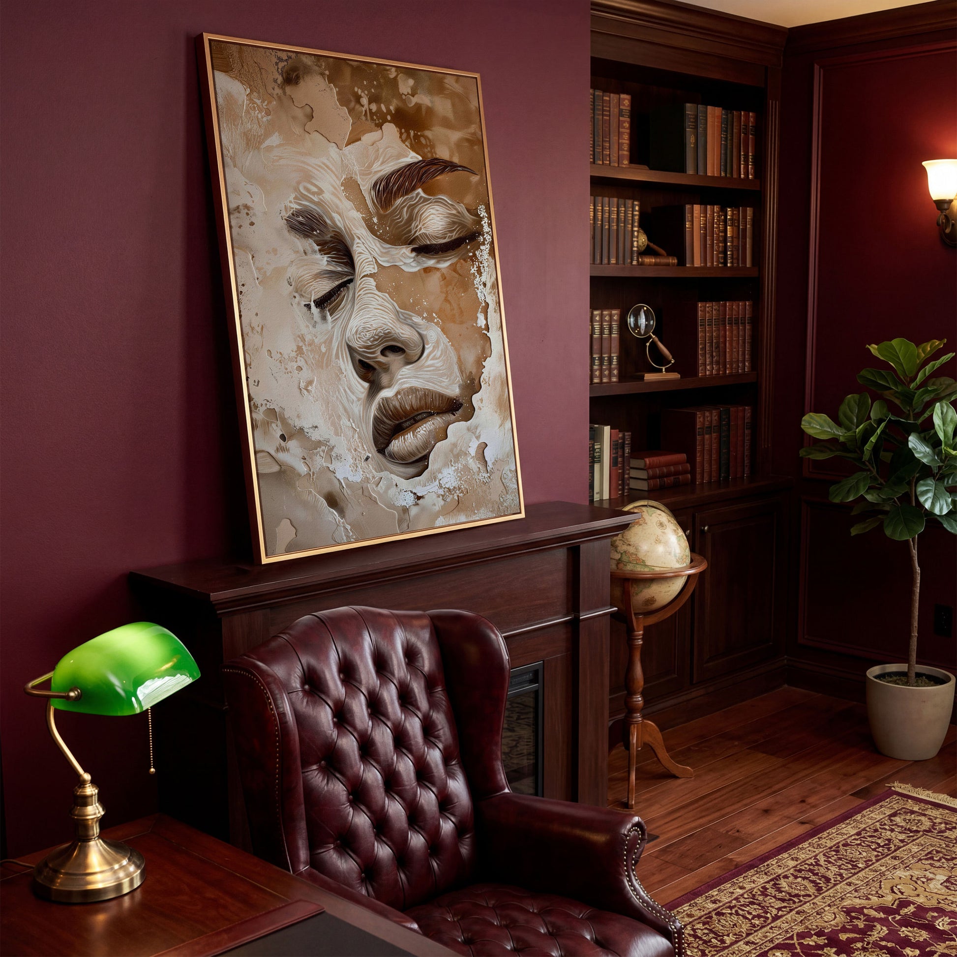Abstract Beige Fashion Face Canvas Print in antique gold floating frame