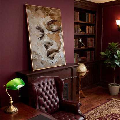 Abstract Beige Fashion Face Canvas Print in antique gold floating frame