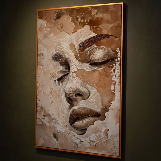 Abstract Beige Fashion Face Canvas Print shown in antique gold floating frame